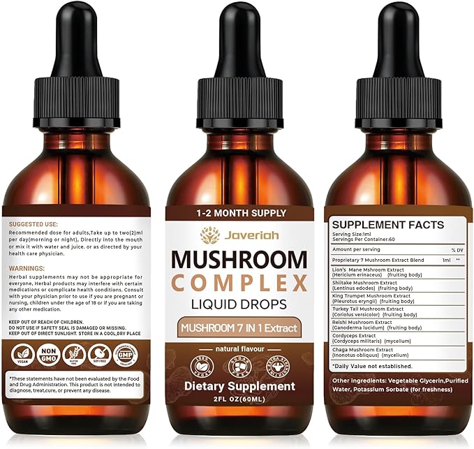 Mushroom Complex Liquid Drops Supplement with Lion's Mane, Shiitake, King Trumpet, Turkey Tail, Reishi, Cordyceps & Chaga,7 in 1 Mushrooms Complex Blend Tincture 4 fl oz 2 Pack