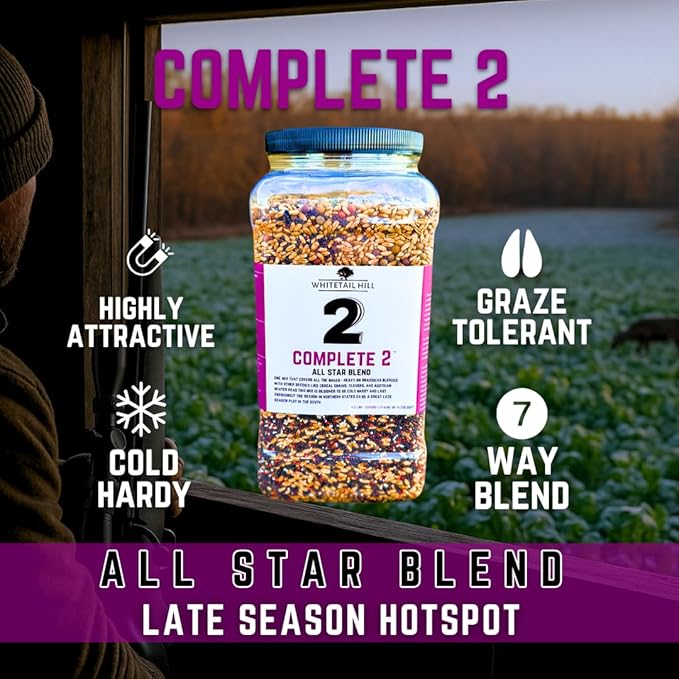 Whitetail Hill Complete 2 Food Plot Seed Mix for Deer, All Star Blend of Brassicas, Ceral Grains, Clovers, and Austrian Winter Peas, Cold Hardy, Late Season Plot