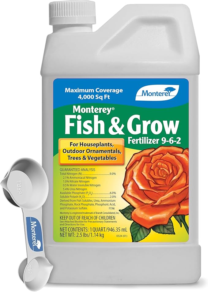 Monterey Fish & Grow 9-6-2 Fertilizer – 1 Quart Liquid Plant Food for Houseplants, Trees, Vegetables & Ornamentals Bundled with Garden Measure Spoon – Covers Up to 4,000 Sq. Ft.