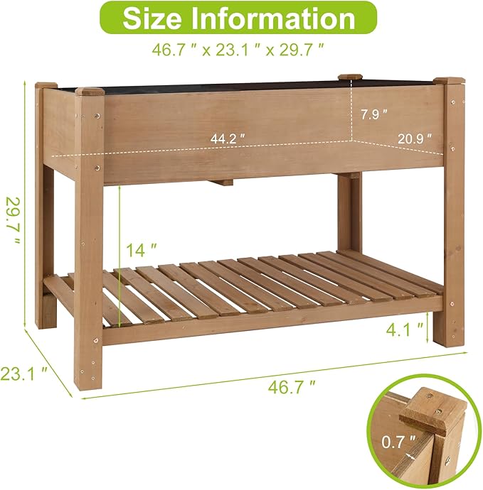 ketive Raised Garden Bed with Legs - Elevated Wooden Planter Box, Durable Fir Wood, Reinforced Frame with Drainage Holes, Liner, and Storage Shelf for Vegetables, Herbs, Flowers, 47" x 23" x 30"