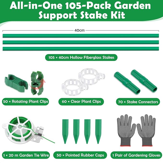 337 PCS Garden Stakes, Fiberglass Tomato Stakes, Garden Sticks with Accessories, 105 Sets DIY 4ft, 5ft, 6ft, 7ft Plant Stakes, Plant Sticks Supports for Indoor Outdoor Plants, Vegetables