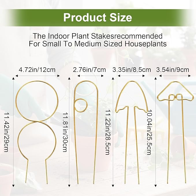 4 Pcs Small Plant Trellis Indoor for Climbing Plants, Metal Small Trellis for Potted Plants Vine Ivy Flower Plant Climber Support, 4 Different Gold Iron Patterns