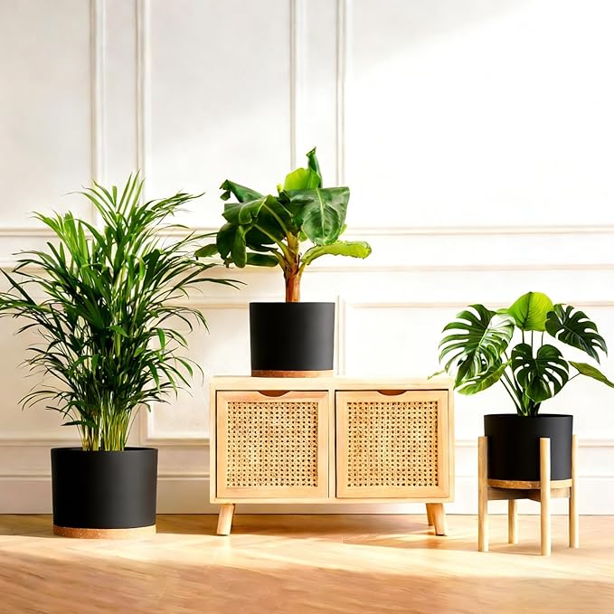 10/9/8 Inch Large Plant Pots with Drainage Holes and Trays, 3 Pack Modern Minimalist Cylinder Planters for Monstera, Snake Plant, Indoor Outdoor (Matte Black & Brown)
