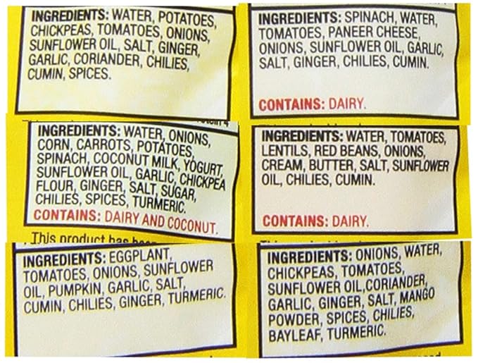 Tasty Bite Variety, Pack of 6, Bombay Potatoes, Kashmir Spinach, Punjab Eggplant, Channa Masala, Madras Lentils, Vegetable Korma