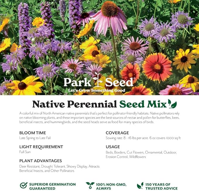 Park Seed Grow Your Own Vibrant Perennial Wildflower Garden Seeds Mixture, Easy to Grow Varieties for Pollinators and Spring Gardens - Native Perennial Mix, 10 lbs