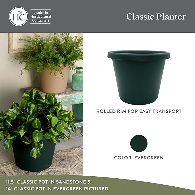 The HC Companies 17 Inch Classic Round Planter Pots with Drainage, Rolled Rim Plastic Planters for Indoor & Outdoor Plants, 2-Pack Decorative Flower Pots for Garden, Office & Home Decor, Evergreen