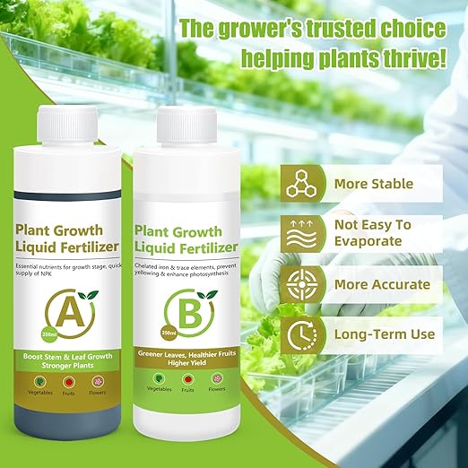 Hydroponic Nutrient Bundle Base A&B, Professional Liquid Fertilizer for Healthy Vegetative & Blooming Plants, Ideal for Hydroponic Systems, 2 * 8oz Bottles