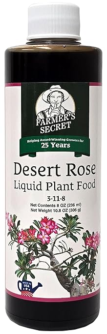 Farmer's Secret Desert Rose Liquid Plant Food Fertilizer (8oz) - Super Concentrated - Promote Flowering and Trunk Growth - 3:11:8 Ratio
