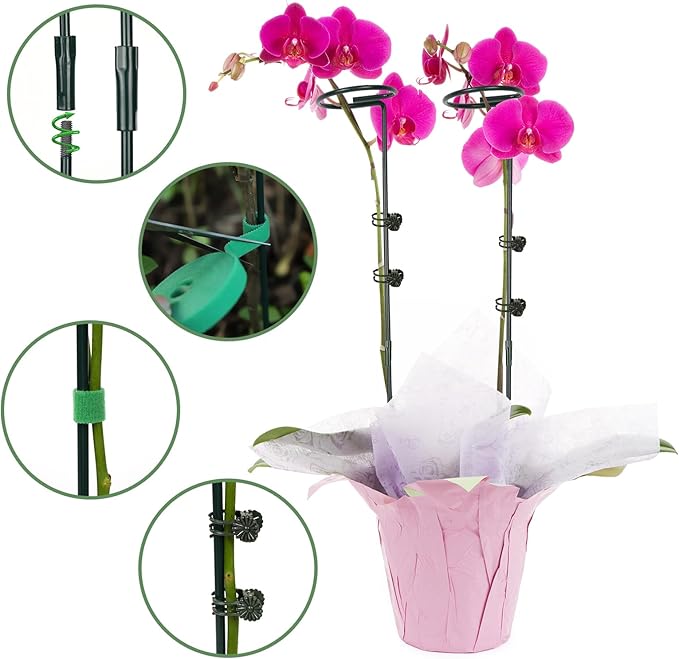 6 Packs Plant Support Sticks for Indoor Plants, Two Sizes (12 or 24 Inches) Orchid Stick and Clip, 0.18 inch Thicker Support Stake with Plant Ties and 12 Pcs Plant Clips for Flowers