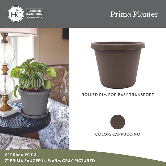The HC Companies 6 Inch Prima Round Planter Pots with Drainage Holes and Rolled Rim, Lightweight UV-Resistant Plastic Indoor & Outdoor Planters, 4-Pack Flower Pots for Garden & Home Decor, Cappuccino