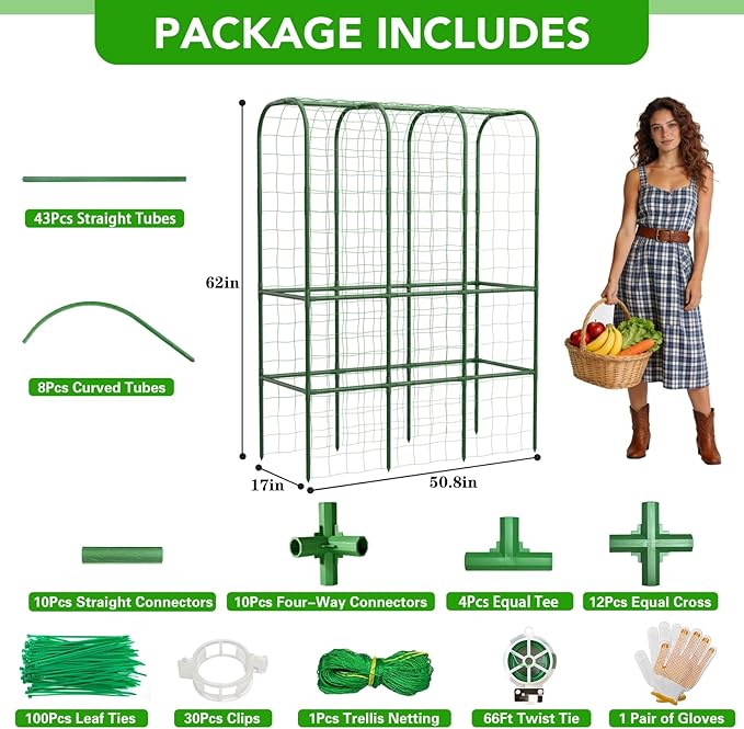 62" Tall Cucumber Trellis for Raised Bed, Garden Trellis for Climbing Plants Outdoor, U-Shape Metal Arch Vegetables Trellis Plant Support for Zucchini Squash Vines