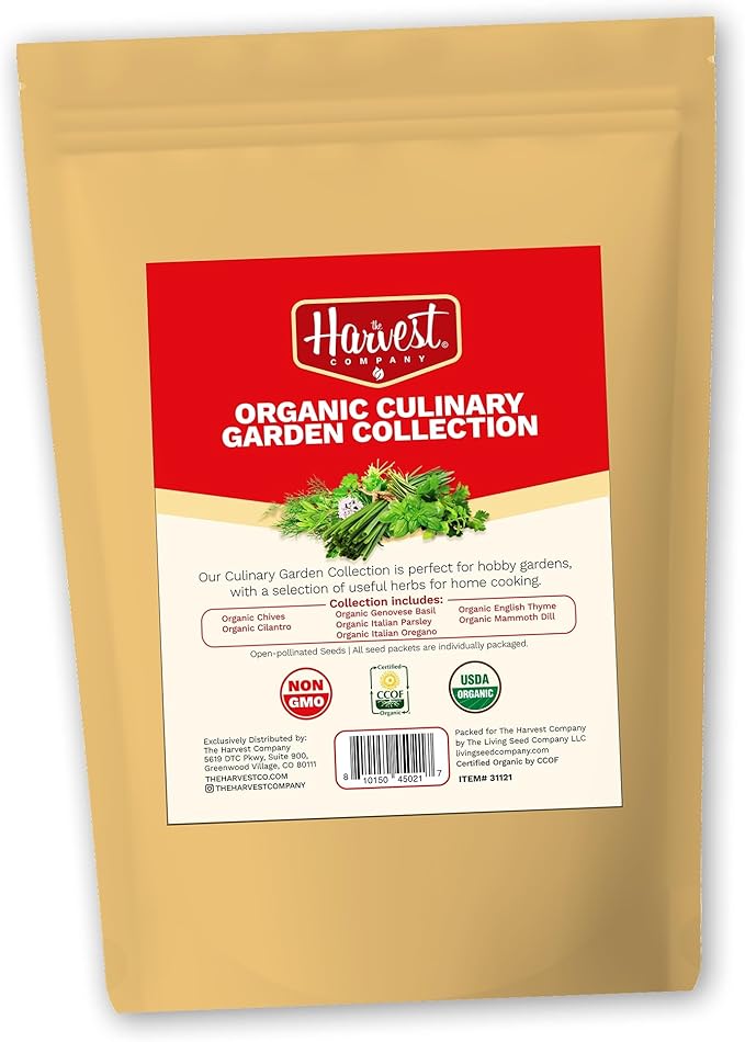 The Harvest Company Organic Culinary Garden Seed Collection, Non-GMO, Certified USDA Organic, Open-Pollinated Garden Herb Seeds for Indoor Outdoor Planting, 145 Seeds Total