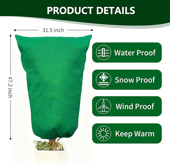 Spring Plant Covers Wind and Frost Protection, Reusable & Breathable Non-Woven Fabric Plant Covers with Zipper Drawstring to Protect Trees, Garden Flower, 5 Pack, Green, 31.5" x 47.3"