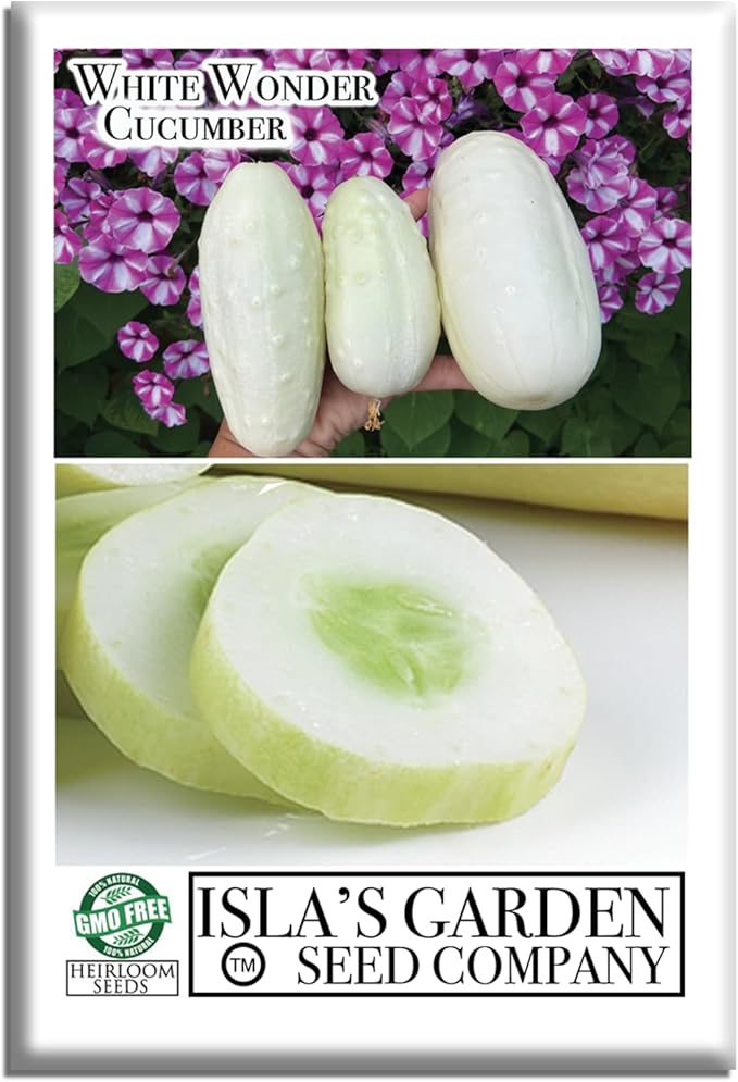 White Wonder Cucumber Seeds – 50+ Heirloom Non-GMO Seeds by Isla’s Garden Seeds, Crisp & Mild Flavor, High-Yield Variety, Perfect for Home Gardens, Easy to Grow, Great for Fresh Eating & Pickling