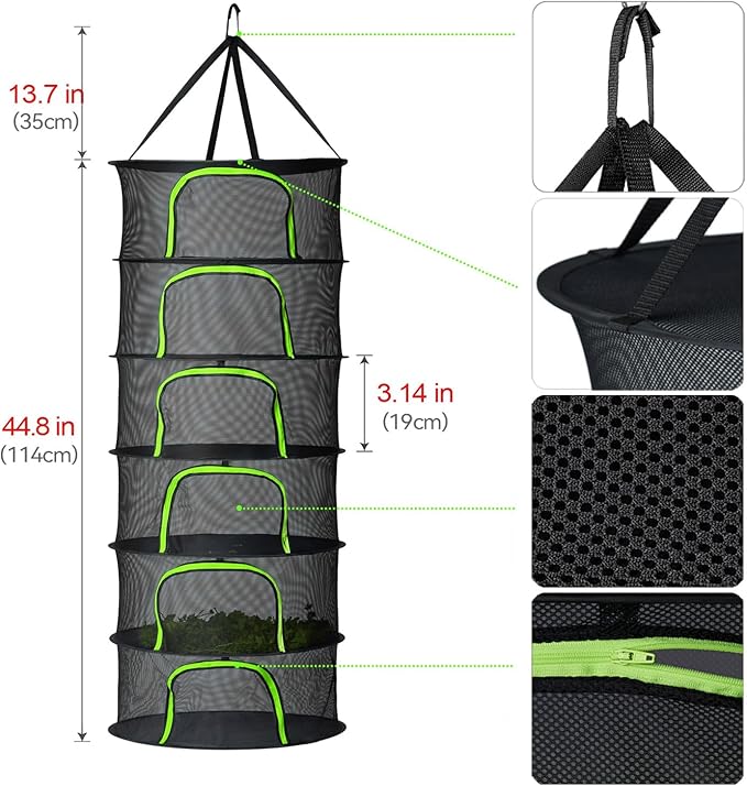Herb Drying Rack Hanging Mesh 6 Layer - Ht 40", W 23.4"- with Double-Zipper, Garden Pruning Shear, S Hook, for Drying Herbs, Plants, Seeds, Buds | Outdoor, Hydroponics Herb Dryer Hanging Rack