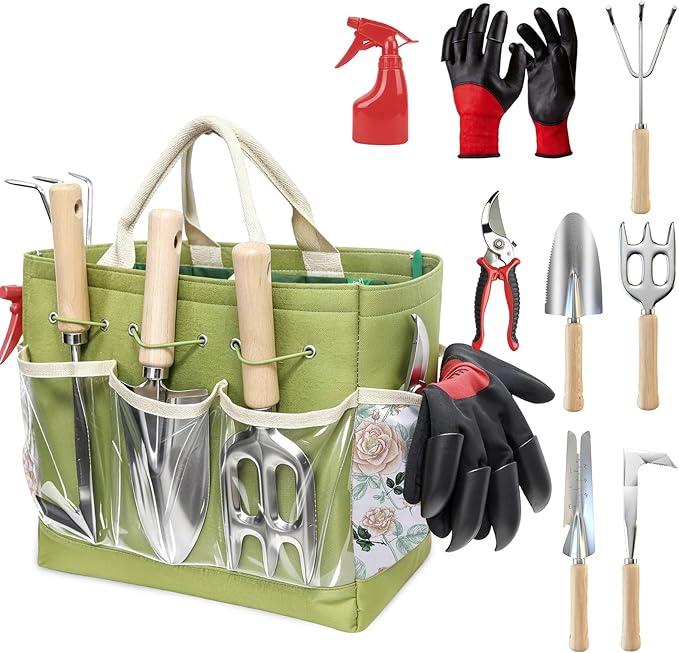 Garden Tools Set, 9-Piece Heavy Duty Gardening Tools with Clear Pocket Tote Bag, Stainless Steel Garden Hand Tools for Digging, Planting, Weeding and Pruning, Durable Gardening Kit