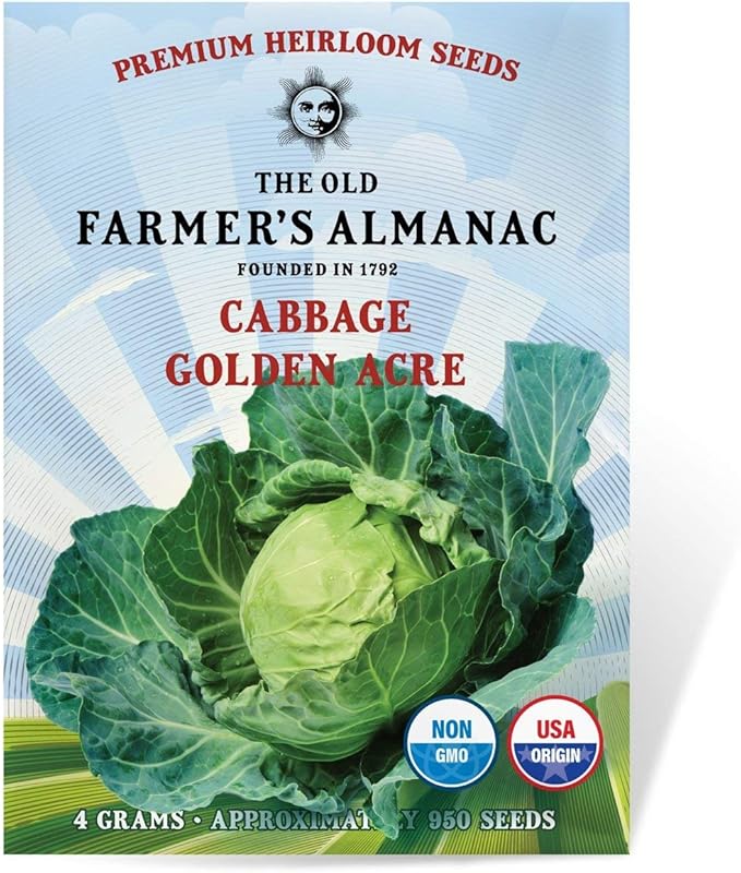 The Old Farmer's Almanac Heirloom Cabbage Seeds (Golden Acre) - Approx 900 Seeds - Non-GMO, Open Pollinated, USA Origin