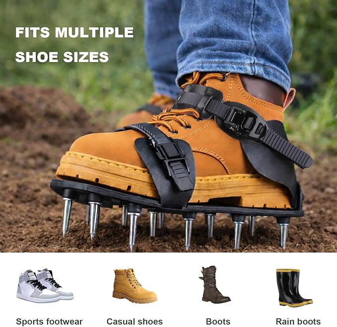 Aeration Shoes for Lawn, Lawn Aerator Shoes for Grass, Stainless Steel Spikes Aerator Lawn Shoes with Adjustable Straps for Patio/Yard/Garden for Easy Yard Aeration (Black)