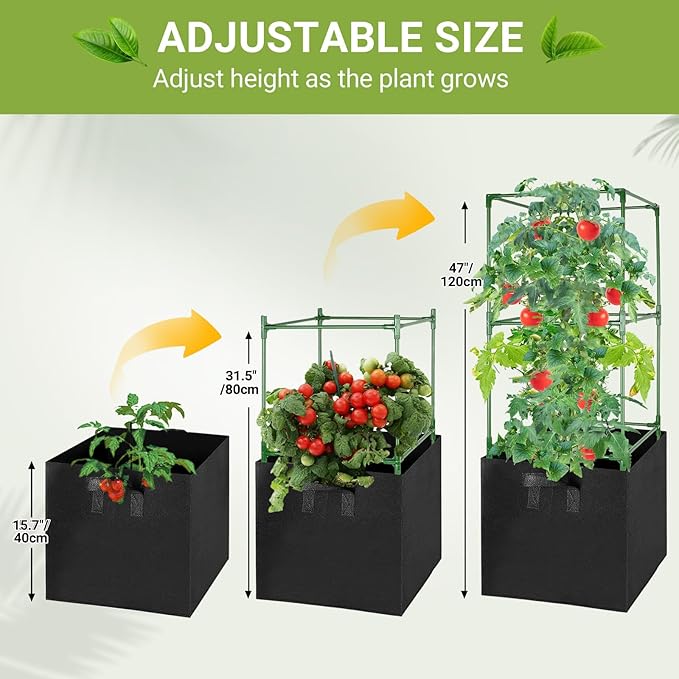 2 Pack Tomato Cages with 17 Gallon Grow Bags, 47” Heavy Duty Square Tomato Plant Stakes Support Cages Trellis for Garden Climbing Vegetables Flowers Fruits (47IN Tall, Extra-Bold)