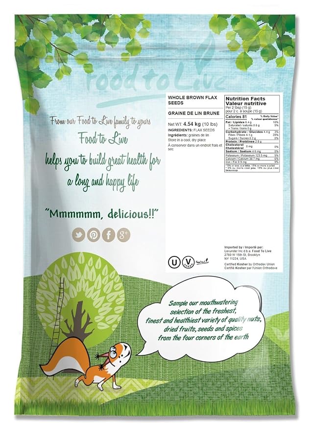 Food to Live - Brown Flax Seeds, 10 Pounds – Raw Whole Flaxseed, Kosher, Vegan, Bulk. Rich in Omega-3 Fats. Great for Salads, Baked Goods, Smoothies, Oatmeal, and Yogurt.