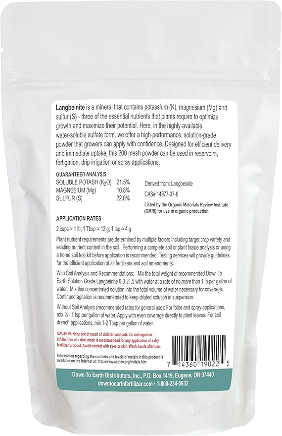 Down To Earth All Natural Fertilizers Organic Solution Grade Langbeinite - Professional Grade Potassium Magnesium Sulfate Powder 200 mesh for Liquid or Spray 0-0-21.5, 1 lb