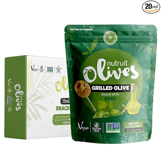 Nutruit Olives Snacks - Pitted Grilled Olives with Basil - Fresh Aegean Green Olives - Vegan, Non-GMO, Gluten Free, Kosher, Paleo, Sugar Free - Comes with Wooden Stick - 1.2oz (20-Pack)