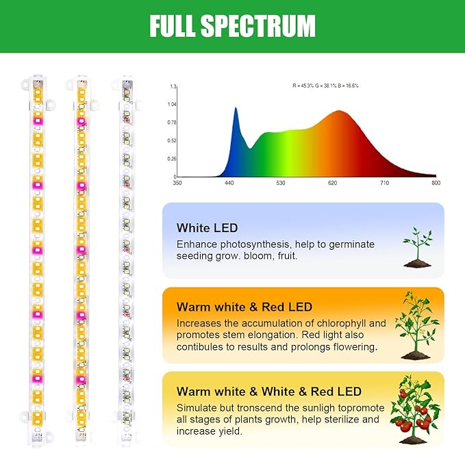 RWNTAO Two Strip Growing Lamp for Indoor Plants, Red & 3000K & 6000K Full Spectrum LED Grow Light Strips with Auto ON/Off 3/9/12H Timer,10 Dimmable Levels for Green House Succulent (13 in)