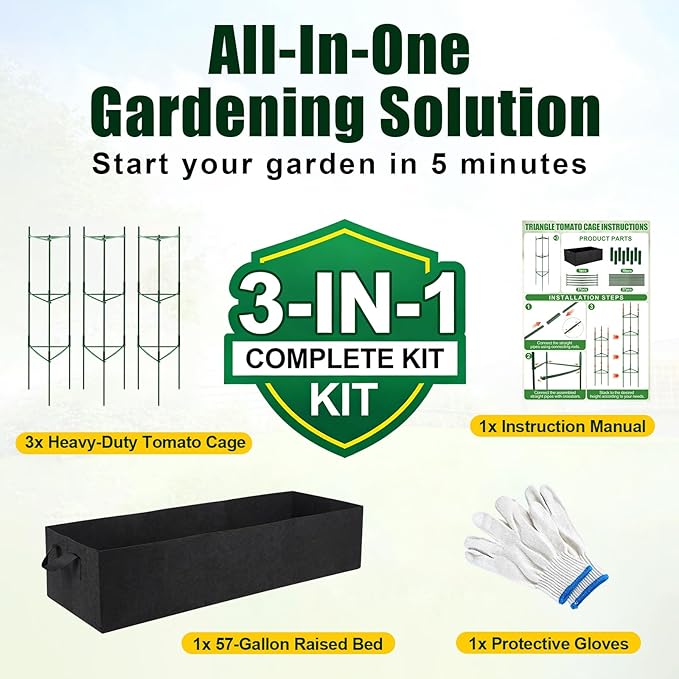 3-Pack Tomato Cages with 57 Gallon Raised Garden Bed - 48" Anti Collapse Heavy Duty Plant Support Trellis for Climbing Vegetables Plants Flowers ,Adjustable Vertical Tomato Trellis for Garden Balcony