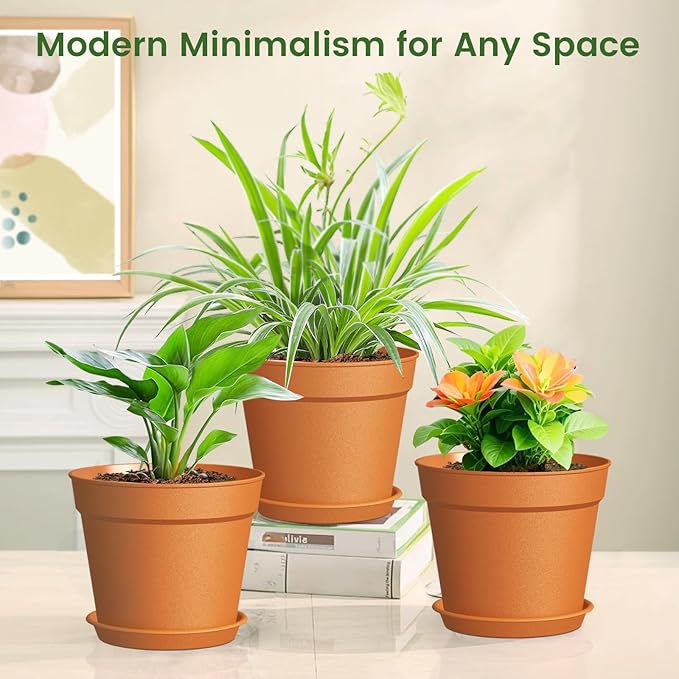 10 Pack 6 Inch Plant Pots with Drainage and Saucers, Plastic Flower Pots for Indoor and Outdoor Plants, Stackable Nursery Planters for Houseplants and Herbs, Terracotta