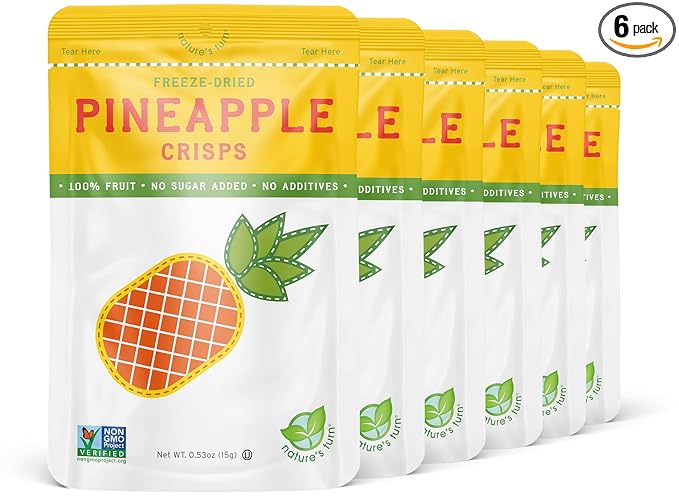 Nature’s Turn Freeze-Dried Pineapple Crisps – Healthy, Gluten-Free, Crispy & Delicious, Plant-Based Snack, Ideal for Cereal, Smoothies, School Lunches, & On-the-Go, Bags of 6 (0.53 oz Each)