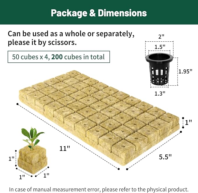 1" Rockwool Cubes for Hydroponics 200 Plugs with 50 Pack 1.5 inch Net Pots Hydroponics Supplies Cups for Rooting, Clone Plants, Starting Seeds, Ideal Rockwool for Hydroponic Growing