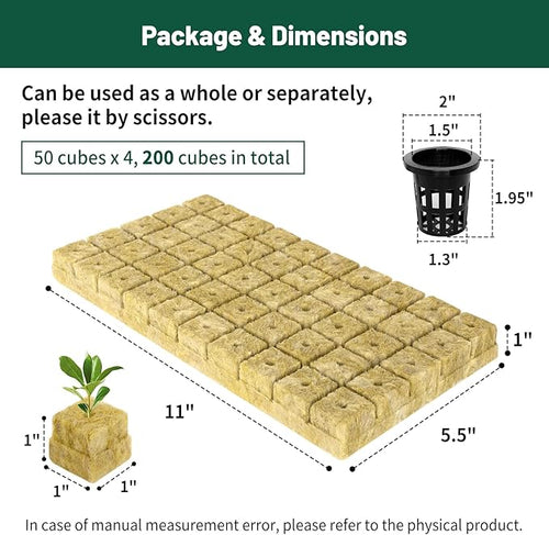 1" Rockwool Cubes for Hydroponics 200 Plugs with 50 Pack 1.5 inch Net Pots Hydroponics Supplies Cups for Rooting, Clone Plants, Starting Seeds, Ideal Rockwool for Hydroponic Growing