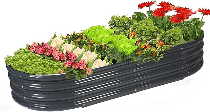 Raised Garden Bed GRS Certified Galvanized Planter Box Outdoor, 5ft Oval Rot-Resistant Metal Garden Bed Planter, Recycled Material Planter for Vegetables Flowers Herbs (Grey)
