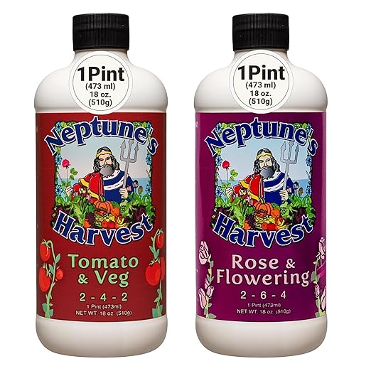 Neptune's Harvest Organic Plant Fertilizer | Liquid Fertilizer for Lawn, Garden & Houseplant | Rich in Essential Nutrients | Tomato & Veg 2-4-2 (Pint) + Rose & Flowering Plant Food 2-6-4 (Pint)