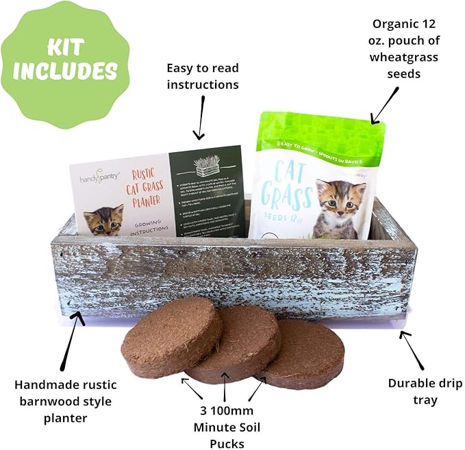 Organic Cat Grass Seeds Kit - Decorative Reclaimed Barnwood Style Organic Wheatgrass Seeds Planter - Aged Brown - Hairball Remedy for Cats, Healthy Pet Grass Supplement & Wheatgrass Growing Kit