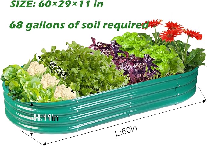 Raised Garden Bed GRS Certified Galvanized Planter Box Outdoor, 5ft Oval Rot-Resistant Metal Garden Bed Planter, Recycled Material Planter for Vegetables Flowers Herbs (Green)