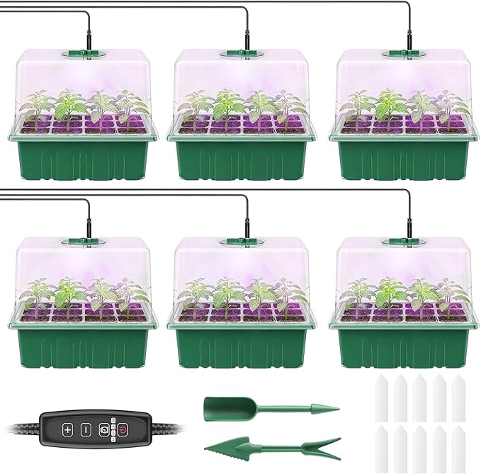 Pawfly 6 Pack Seed Starter Kit, 72 Cells, Seed Starter Trays with Adjustable Grow Lights & 3.9" Humidity Domes, Indoor Seedling Starter Trays, Reusable Plant Germination Trays, Seed Starting Trays