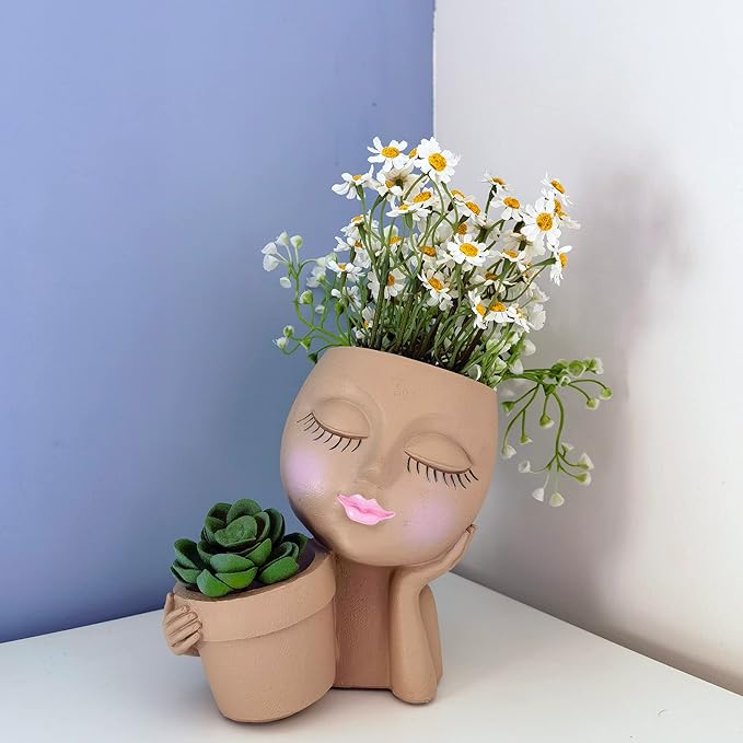Face Planters Pots Head Planter, Unique Plant Pots for Indoor Outdoor Plants, Novelty Cute Large Girl Head Flower Pots with Drainage Hole for Home Garden Succulents Cactus
