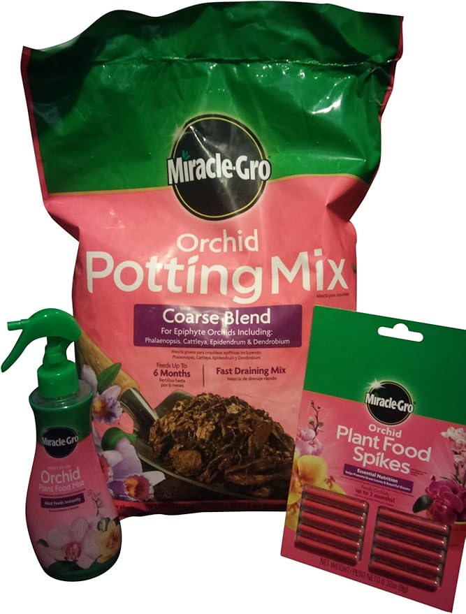 Orchid Potting Mix, 8-Quarts Orchid Plant Food Mist, Orchid Plant Food Spikes 10-Pack - Bundle