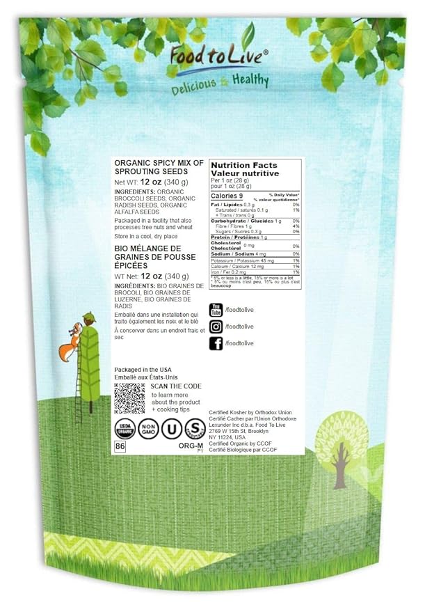 Food to Live Organic Spicy Mix of Sprouting Seeds, 12 Ounces — Non-GMO Broccoli, Radish, Alfalfa, Raw, Rich Germination Rate, Non-Irradiated, Pure, Kosher, Vegan Superfood, Bulk, Rich in Sulforaphane