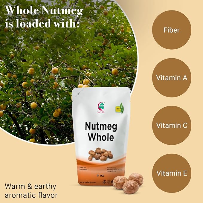 Nutmeg Whole 4oz | Excellent Aroma and Incredible Flavor | Nuez moscada entera | Non- Gmo, Ethically Sourced | By Yogi's Gift®