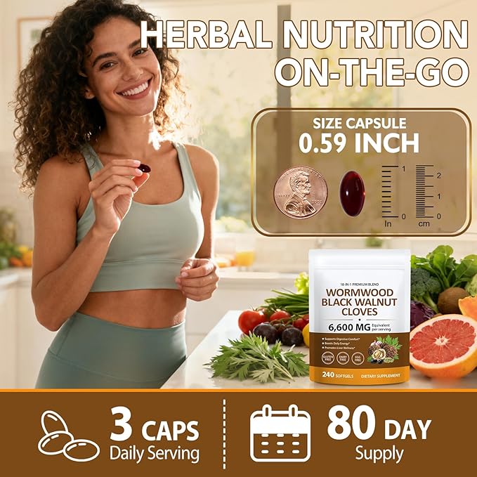 18-in-1 Wormwood Black Walnut Clove Herbal Softgels, 6600mg Serving, Rapid Gut Cleanse & Digestive Health with Black Walnut Hull, Wormwood, Clove, Garlic, Oregano, Pumpkin Seed, Easy-to-Swallow