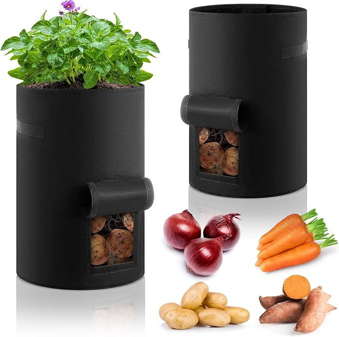 Yoojahow 2 Pack 30 Gallon Potato Grow Bags with Harvest Window, Durable Garden Planter Bags with Handles for Potatoes, Tomatoes, and Vegetables - Indoor & Outdoor Gardening Supplies (Black)
