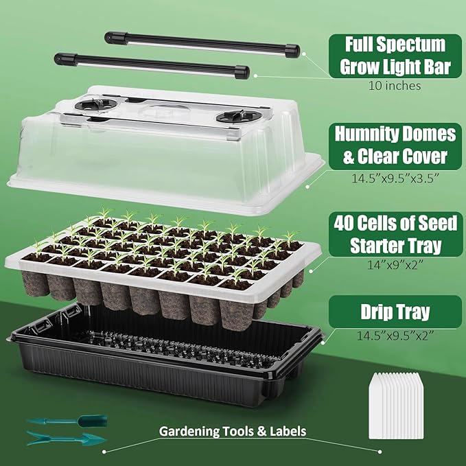 Seed Starter Tray Kit with Grow Lights, 2 Pack 80 Cells Seed Trays with Humidity Dome, Mini Greenhouse for Seeds Growing Starting Sprouting Germination