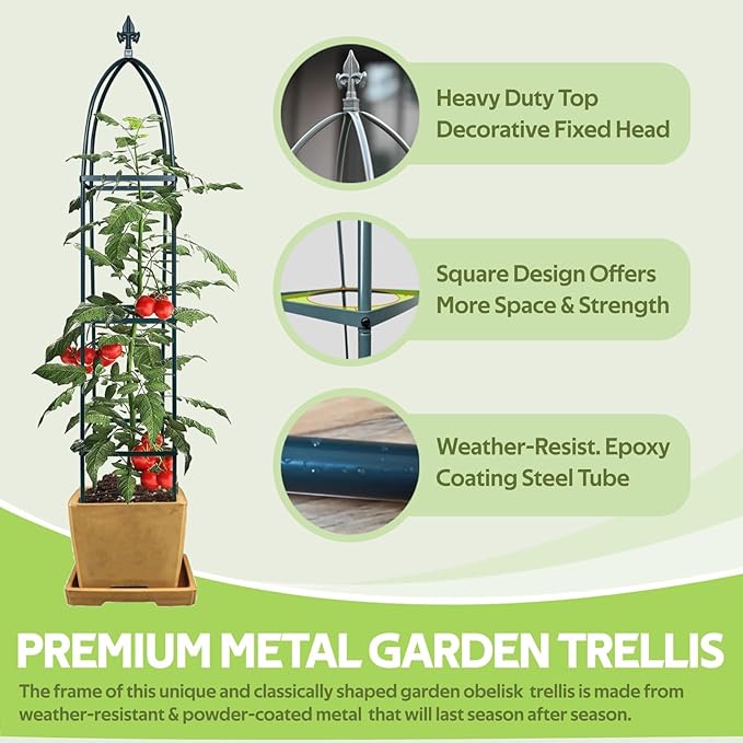 100% Metal Obelisk Trellis for Climbing Plants Outdoor & Indoor - Powder-Coated Thicken Steel Towering Plant Support - Weather-Proof Garden Trellis for Climbing Vine, Vegetables & Flowers