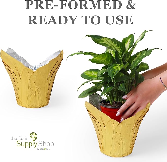 6” AZA Plant Pot Covers, Decorative Plant Sleeve for Indoor & Outdoor House Plants, Reusable and Gift-Ready Foil Wrap for Flower Pots, Gold, Pack of 5