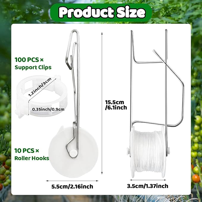 Greenhouse Trellising Kit, 10 PCS Tomato Hooks with String & 100 PCS Support Clips, Metal & Nylon, White, Linear Plant Support, Tomato Trellis