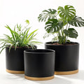 10/9/8 Inch Large Plant Pots with Drainage Holes and Trays, 3 Pack Modern Minimalist Cylinder Planters for Monstera, Snake Plant, Indoor Outdoor (Matte Black & Brown)