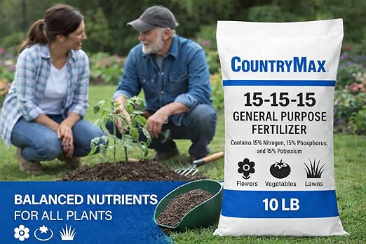 CountryMax 15-15-15 All Purpose Fertilizer, 10 lb Bag, Balanced Nutrition for Flowers & Vegetable Beds, Raised Gardens, Lawns & Grass, Supports Soil Health and Consistent Growth