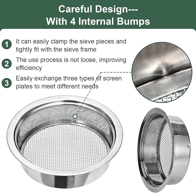 Soil Sifter Garden Soil Sieve Stainless Steel Sieve Set, with 3 Interchangeable Filter Mesh-3,6,9mm Sieve for for Dirt, Sand, Rock, Filtration, Compost